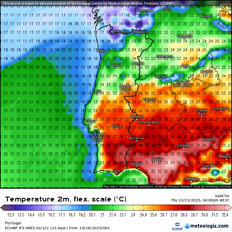 Metade do país com muita chuva, metade ainda com calor... Tempestade Bram à vista? - saiba como será o tempo esta semana, 20 a 26 de outubro de 2025 Temperaturas bem acima da média no Centro e Sul do país a meio da semana, especialmente - ECMWF\Meteologix
