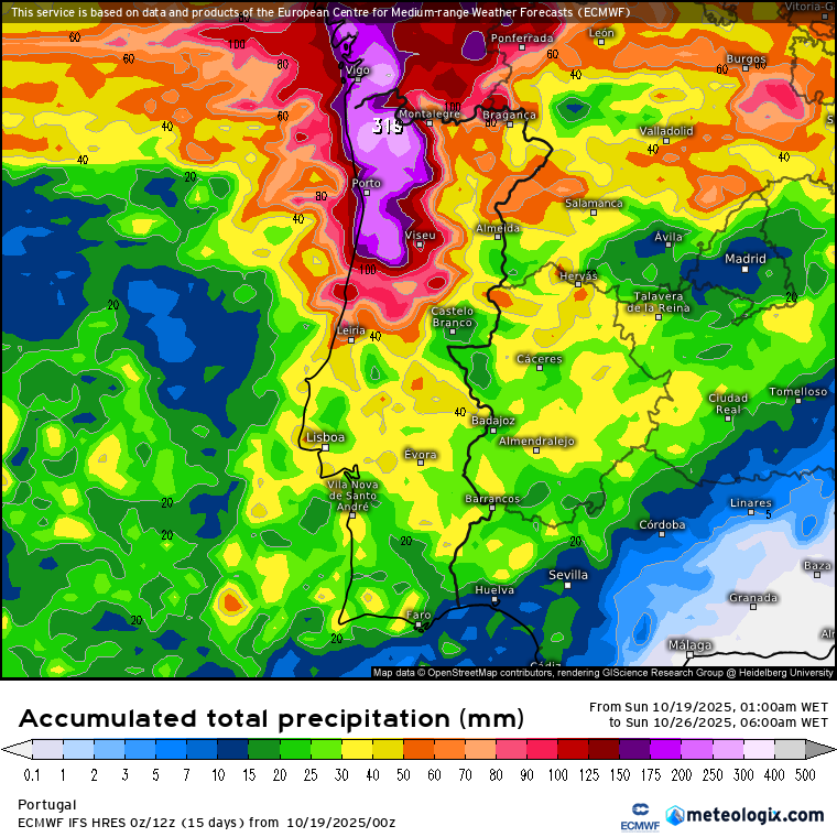 Metade do país com muita chuva, metade ainda com calor... Tempestade Bram à vista? - saiba como será o tempo esta semana, 20 a 26 de outubro de 2025 Chuva localmente excessiva no Norte do país - mais de 150 a 250mm no litoral até ao final da semana