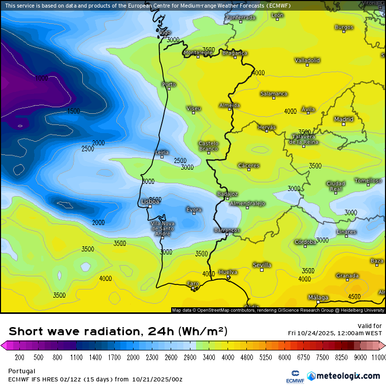 Mau tempo: Depressões e ligação "direta" ao Atlântico tropical podem gerar chuva forte e vento nos próximos dias - muita humidade e tempo muito cinzento entre quarta e sexta, 22 a 24 de outubro de 2025 A previsão de energia solar incidente mostra-nos que nesta quinta-feira haverá, claramente, mais abertas!