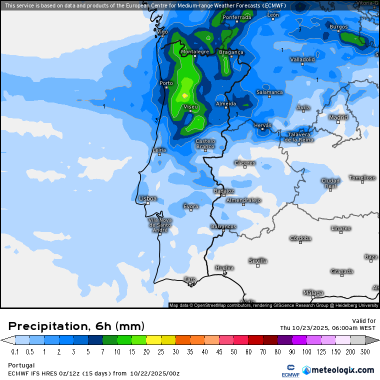Tempestade Benjamin - Chuva, vento e agitação marítima - Saiba os efeitos em Portugal desta ciclogénese explosiva, e de que forma afeta o regime atmosférico! Chuva acumulada na madrugada de quinta-feira - 00-06h, ECMWF