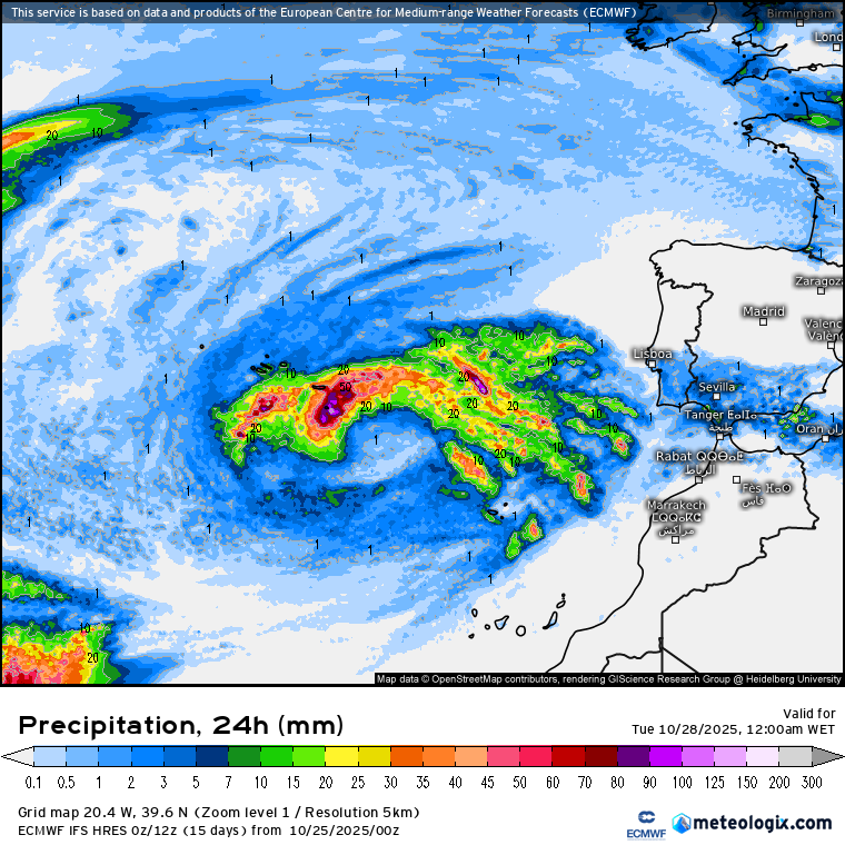 Tempestade Atlântica vai trazer muita chuva e trovoada a Portugal, e não fica por aqui... saiba as previsões do tempo na segunda e terça, 27-28 de outubro de 2025 Chuva acumulada prevista na segunda-feira, segundo o modelo ECMWF