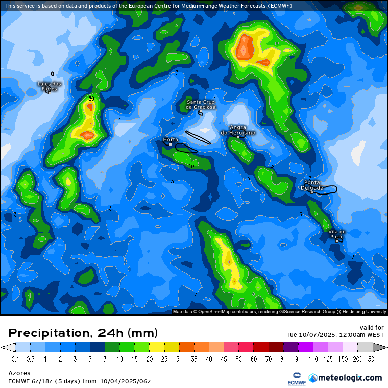 Forte crista anticiclónica traz o Verão de volta a Portugal! Saiba a previsão do tempo na segunda, 6 de outubro de 2025 Chuva nos Açores nesta segunda-feira - previsão ECMWF, via Meteologix