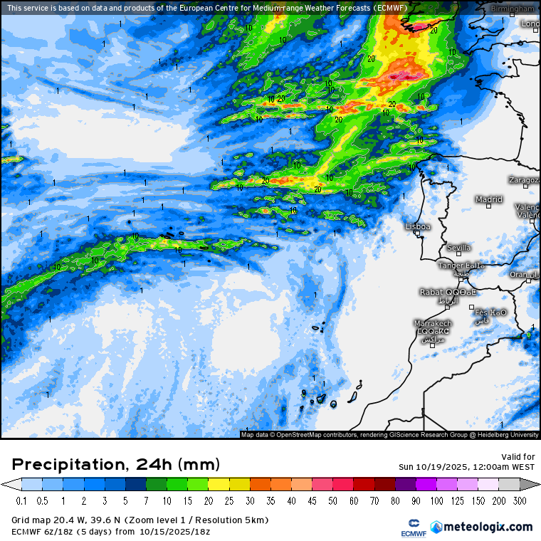 Chuva (e vento) regressam domingo, e pode vir para ficar, com sucessivas depressões a caminho - saiba a previsão do tempo este fim-de-semana, e o que pode vir depois! Precipitação prevista no sábado, 18 de outubro de 2025