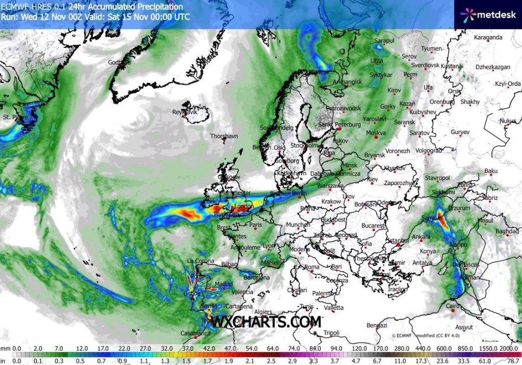 Precipitação total prevista para esta sexta-feira - previsão ECMWF-HRES, via wxcharts