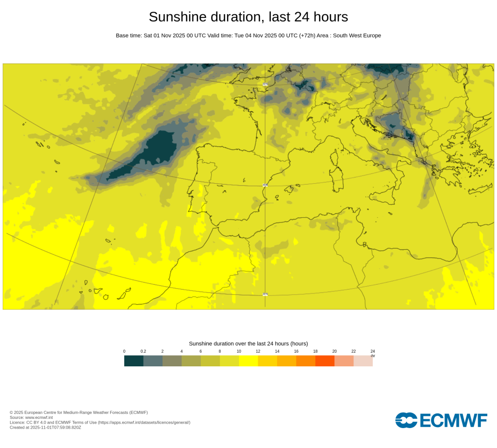 Bastante sol em Portugal na segunda-feira, conforme previsão ECMWF (8+ horas)