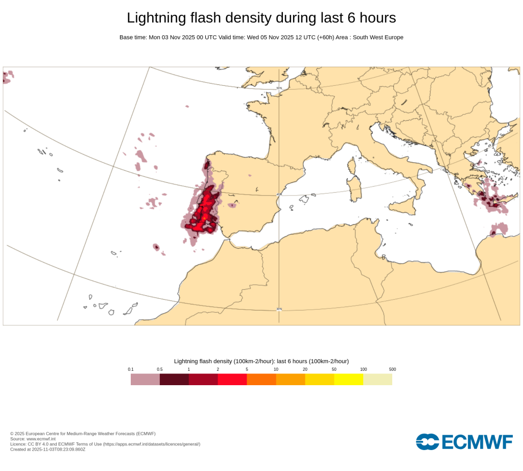 Risco de tempestade com trovoadas frequentes bem evidente na previsão ECMWF