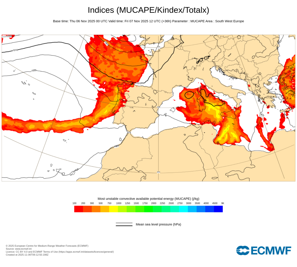 Depois de algum sol, o tempo na sexta-feira traz de volta as trovoadas, chuva e vento - mais uma depressão faz prosseguir o outono instável - previsão para 7 de novembro Superfície frontal com energia (CAPE) associada, pelo que poderá trazer trovoadas a acompanhar!