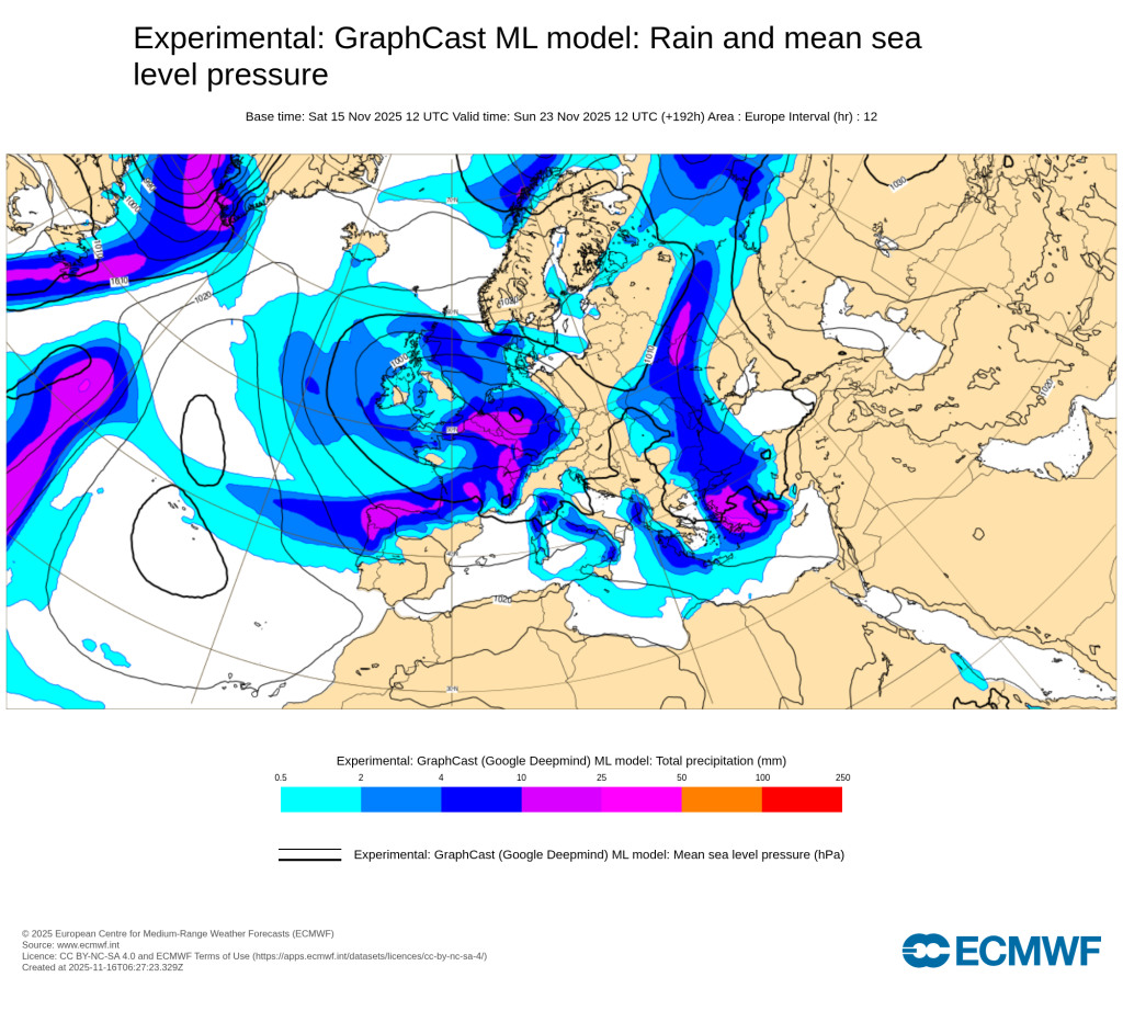 Mudança drástica do tempo, com ar frio polar que traz temperaturas até 5 graus negativos, mas o caminho para a chuva pode abrir rapidamente - saiba a previsão do tempo esta semana, 17 a 23 de novembro de 2025 Os modelos mais fiáveis, como o Graphcast, da Google, mostram a previsão de chuva no fim-de-semana 22-23, principalmente no domingo