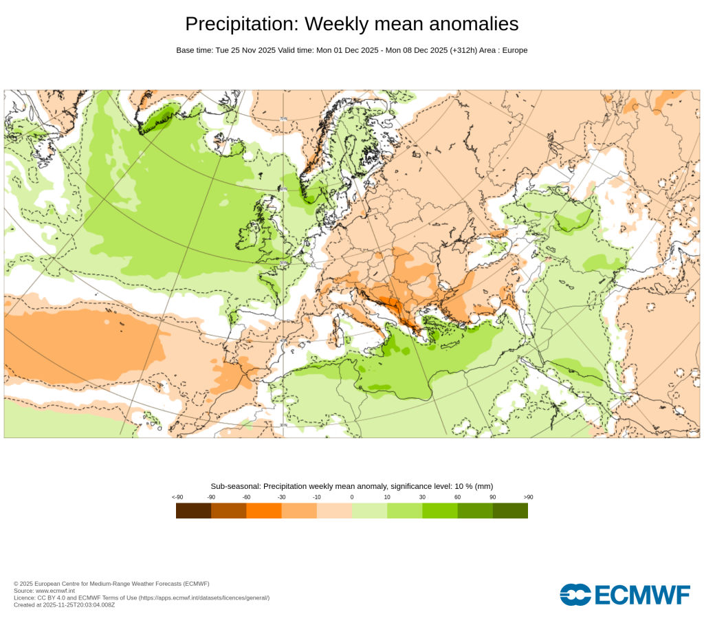 Anomalia de precipitação prevista para a primeira semana de dezembro - ECMWF