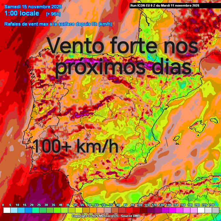 Vento forte previsto nos próximos dias, particularmente na quinta-feira - previsão ICON-DWD
