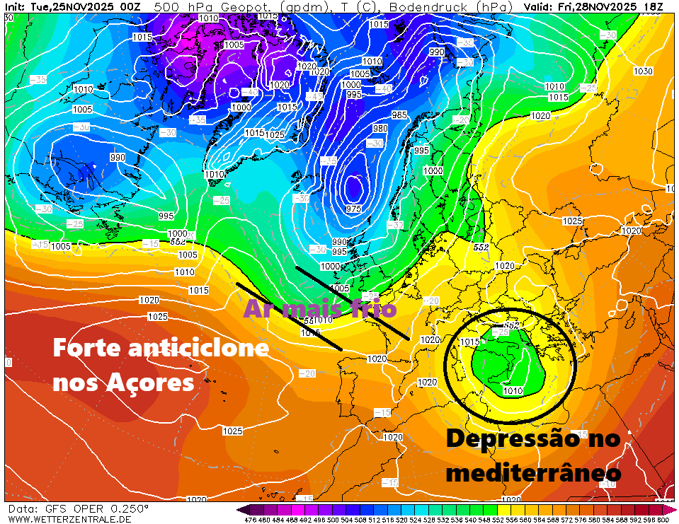 Frio intensifica-se nos próximos dias (e há mau tempo nos Açores) - entre quarta e sexta as temperaturas em Portugal voltam a descer abaixo dos 0ºC em algumas regiões - saiba quais com a nossa previsão! A análise para sexta-feira mostra-nos um anticiclone forte nos Açores, e fluxo de Norte sobre Portugal