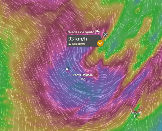 Vento forte nos Açores na terça, 4 de novembro - Previsão ICON - via Windy