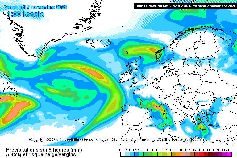 Uma depressão e jato polar ativo trazem mais chuva (e até trovoadas) em alguns dos dias desta semana- saiba tudo com a previsão do tempo esta semana, 3 a 9 de novembro de 2025 Evolução da frente na sexta, dia 7 de novembro, e tempo seco no fim-de-semana - previsão atual AIFS