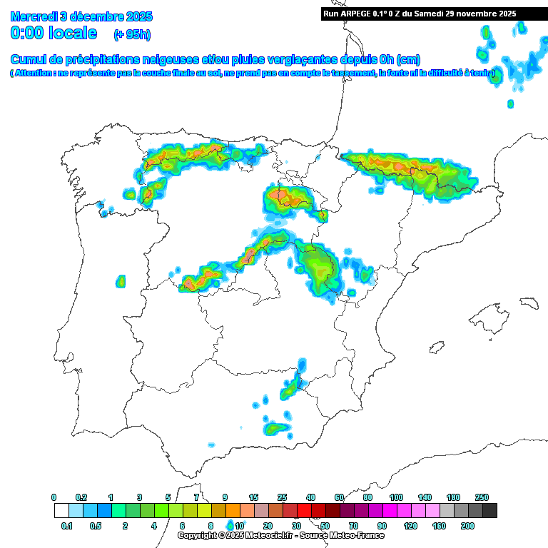Acumulação de neve prevista até ao final de terça, 2 de dezembro de 2025 - ARPEGE\Meteociel - efeitos de uma depressão fria