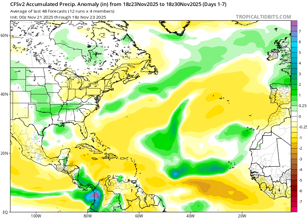 Anomalia de precipitação prevista segundo o modelo CFSv2 - Via TropicalTidbits