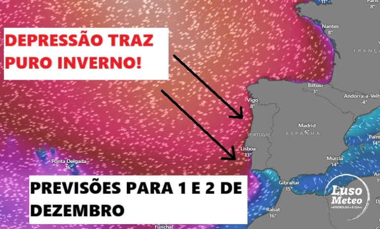 Depressão traz tempo de puro inverno com chuva e frio a iniciar dezembro, e o primeiro nevão da temporada - tempo na segunda e terça, dias 1-2 de dezembro