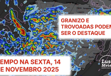 Depressão não dá tréguas, e o tempo na sexta traz-nos granizo, vento, trovoadas, e mais frio - pode até haver neve! Saiba a previsão para 14 de novembro de 2025