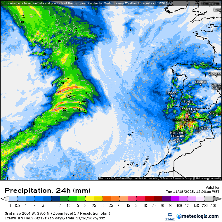 Mudança drástica do tempo, com ar frio polar que traz temperaturas até 5 graus negativos, mas o caminho para a chuva pode abrir rapidamente - saiba a previsão do tempo esta semana, 17 a 23 de novembro de 2025 Previsão de chuva para cada um dos dias da semana - ECMWF-HRES