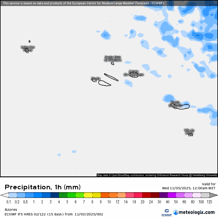 Evolução da previsão de precipitação a partir da tarde nos Açores - ECMWF