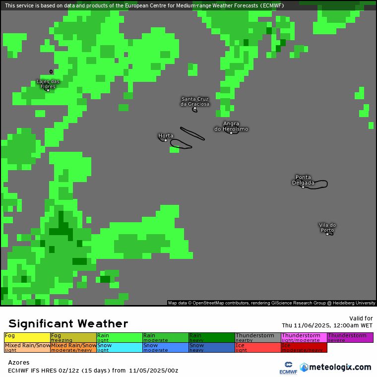 Evolução da precipitação ao longo do dia nos Açores, previsão ECMWF