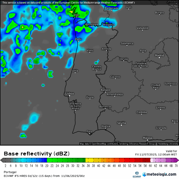 Depois de algum sol, o tempo na sexta-feira traz de volta as trovoadas, chuva e vento - mais uma depressão faz prosseguir o outono instável - previsão para 7 de novembro Evolução da precipitação (intensidade\simulação de radar), ECMWF. A amarelo\laranja\vermelho significa maior probabilidade de trovoadas e até granizo