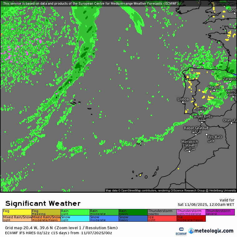 Várias depressões vão trazer uma semana muito instável, com o jato polar perturbado - mas antes disso, o sol está nas previsões do tempo no fim-de-semana 8 e 9 de novembro Previsão de meteorologia significativa para o fim-de-semana - a verde a chuva, a amarelo os nevoeiros!