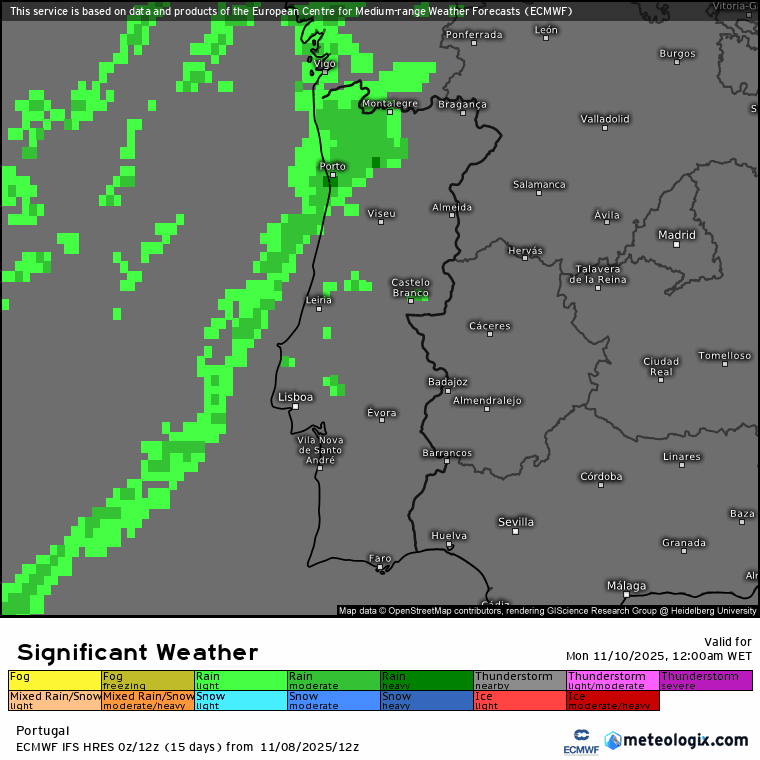 Tempo na segunda-feira será "tropical", húmido e com temperaturas acima da média (e chuva, com aproximação de uma depressão)- saiba como estará na sua região! Evolução da precipitação (a verde) e nevoeiro (amarelo), segundo o modelo ECMWF