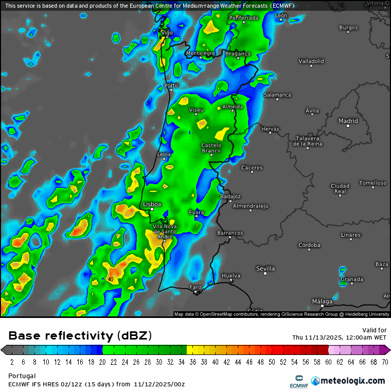 Mau tempo traz risco de fenómenos de vento extremo entre Lisboa e o Algarve nesta quinta-feira, 13 de novembro - saiba em que horas será mais provável, e em que locais Simulação de radar pelo modelo ECMWF ao longo de quinta-feira - a instabilidade move-se de sul para Norte. As zonas com amarelo\laranja\vermelho têm previsão de instabilidade mais significativa