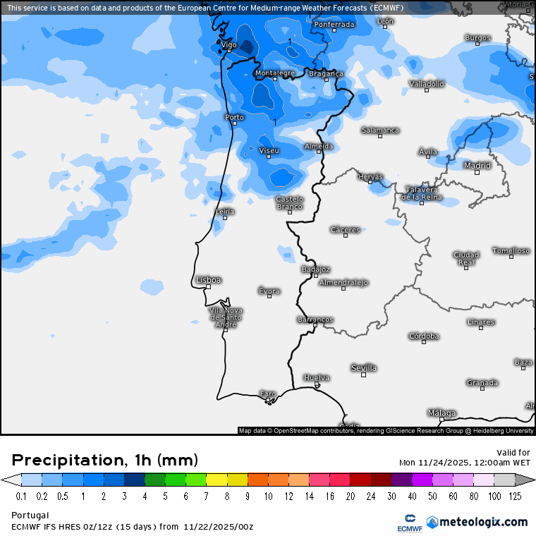 Evolução da chuva prevista na segunda-feira