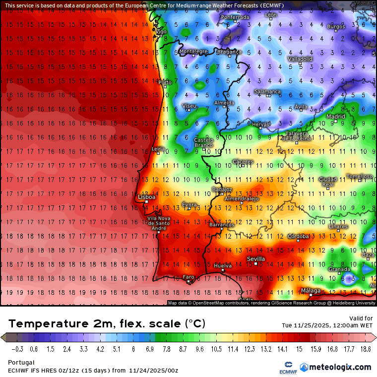Evolução das temperaturas entre as 00H de terça e as 00H de quarta em Portugal Continental