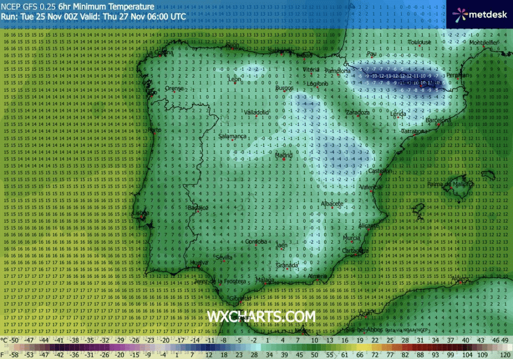 Frio intensifica-se nos próximos dias (e há mau tempo nos Açores) - entre quarta e sexta as temperaturas em Portugal voltam a descer abaixo dos 0ºC em algumas regiões - saiba quais com a nossa previsão! Exemplo das temperaturas previstas para quinta, 27 de novembro - GFS