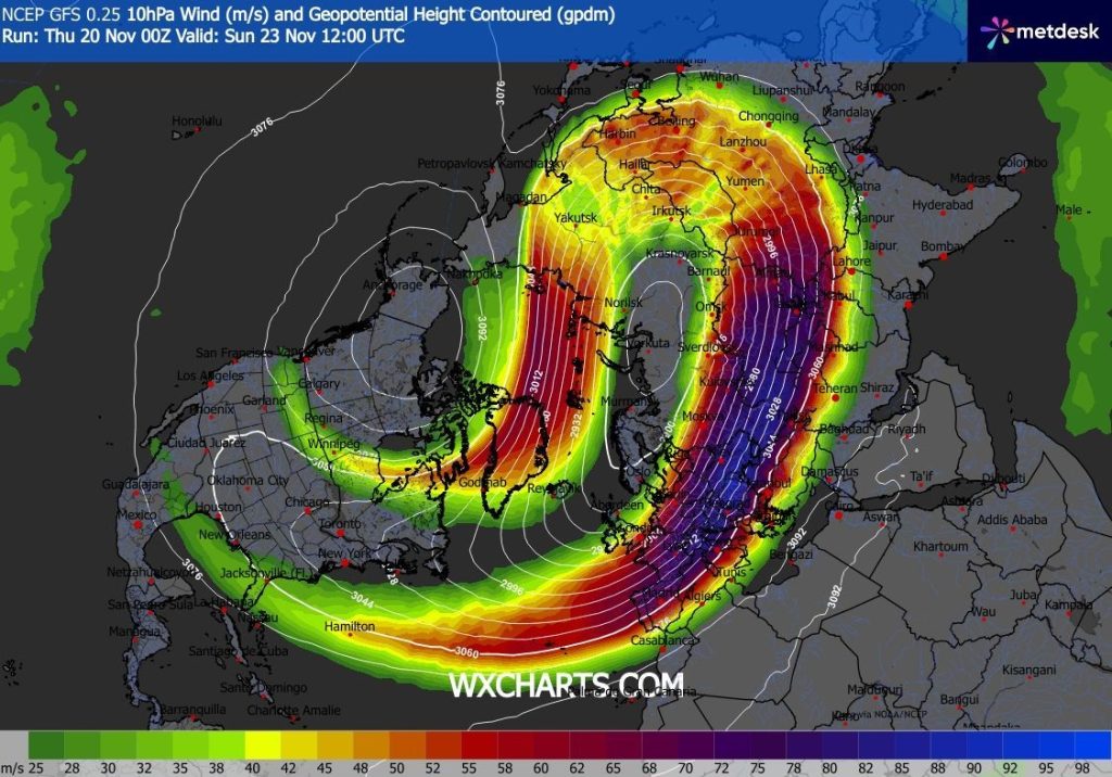 Vórtice polar alongado pode significar mudanças no tempo em breve - previsão GEFS - aquecimento súbito da estratosfera