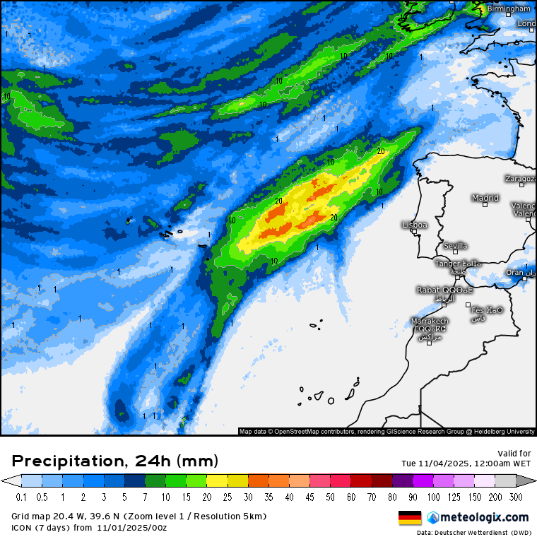 Chuva prevista nas Ilhas nesta segunda-feira - ICON-DWD, via Meteologix