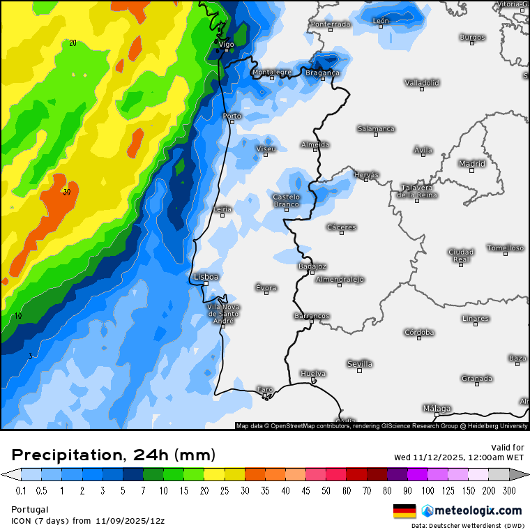 Mesmo tímido, o São Martinho "não falha"! Mas, não será em todo o lado... Saiba como estará o tempo na terça, 11 de novembro, na sua região! Previsão de precipitação segundo o modelo ICON-EU para esta terça-feira - pouco significativo, devido a influência anticiclónica!