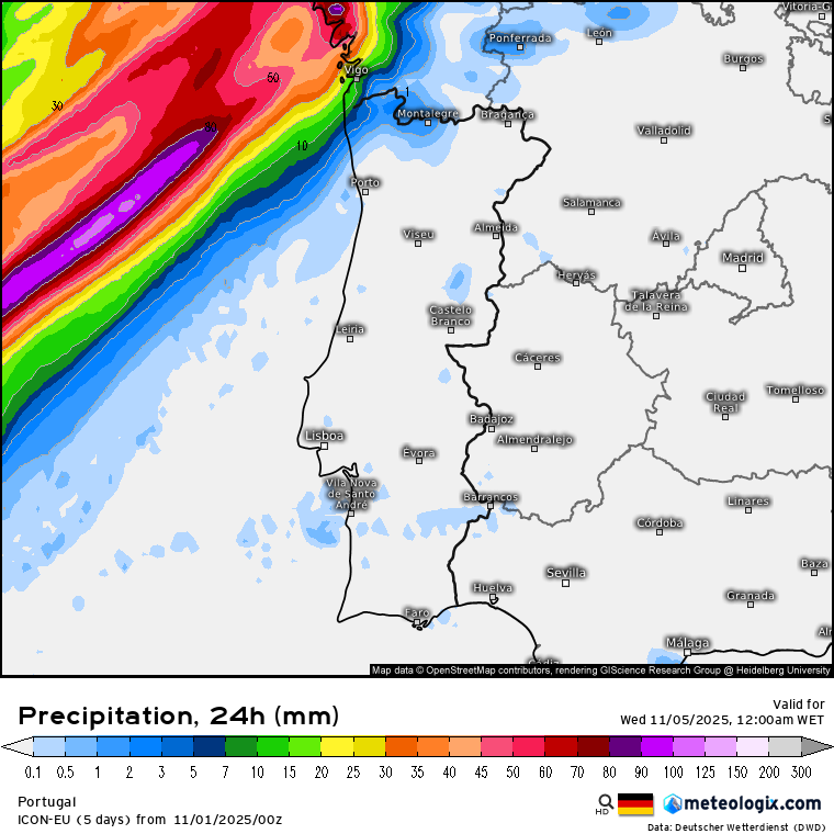 Chuva acumulada em Portugal na terça-feira, 4 de novembro
