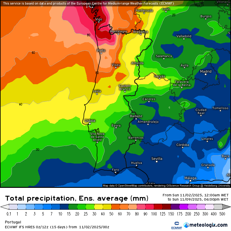 Uma depressão e jato polar ativo trazem mais chuva (e até trovoadas) em alguns dos dias desta semana- saiba tudo com a previsão do tempo esta semana, 3 a 9 de novembro de 2025 Média da precipitação prevista esta semana, segundo o modelo ECMWF