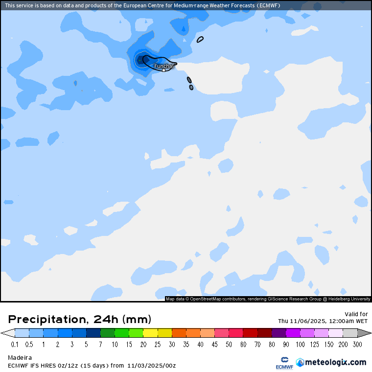 Precipitação total prevista pelo modelo ECMWF na quarta-feira