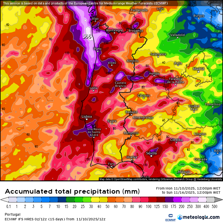 Chuva forte prevista - acumulado total previsto até domingo, via Meteologix - modelo ECMWF