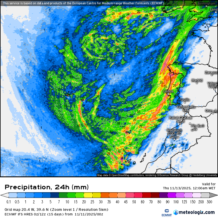 Chuva acumulada na quarta-feira, 12 de novembro de 2025 - previsão ECMWF via Meteologix