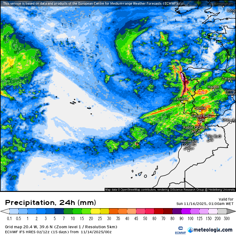 Precipitação acumulada prevista para sábado - ECMWF