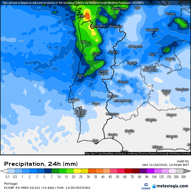 A chuva está de regresso e traz subida das temperaturas - mudança de tempo no fim-de-semana 22-23 de novembro - saiba como estará na sua região! Tempo no domingo, 23 de novembro - precipitação prevista ECMWF-IFS