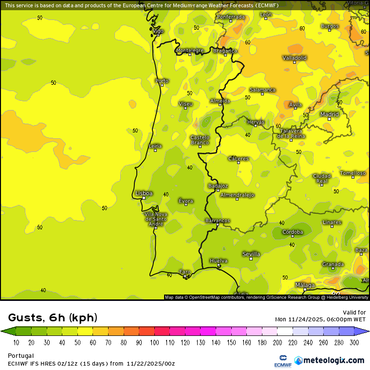 Rajadas de 30 a 50km/h nas terras baixas, e 50 a 75km/h nas terras mais altas