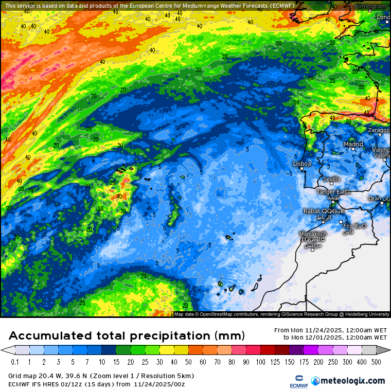Precipitação prevista pelo modelo ECMWF\IFS-HRES para esta semana