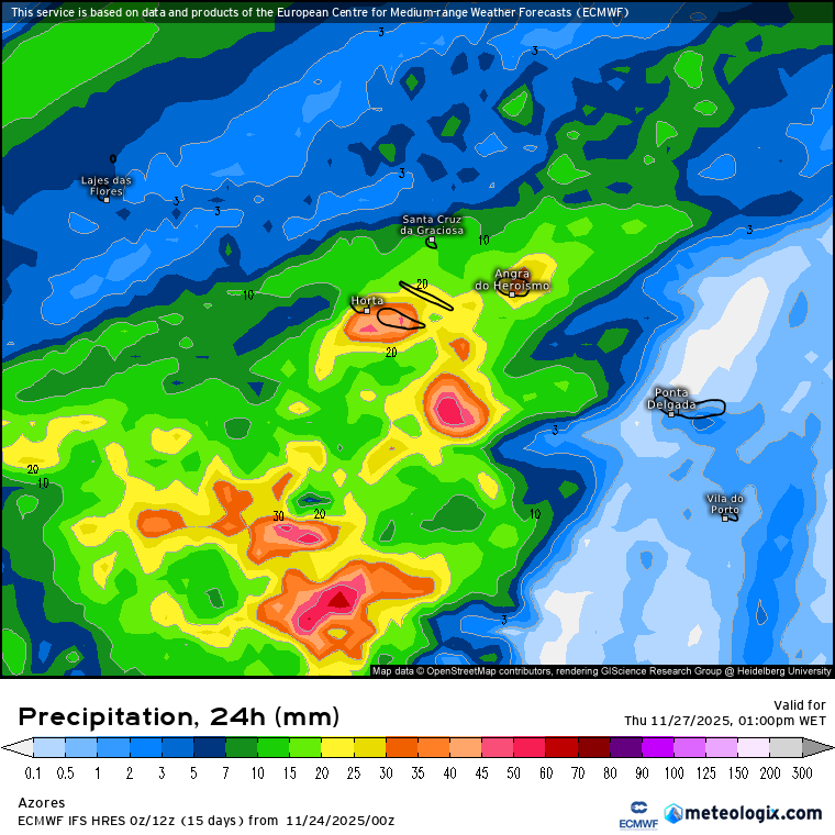 Entre quarta e quinta-feira podem cair entre 20 a 50l\m2 nos Açores, segundo o modelo Europeu IFS-ECMWF