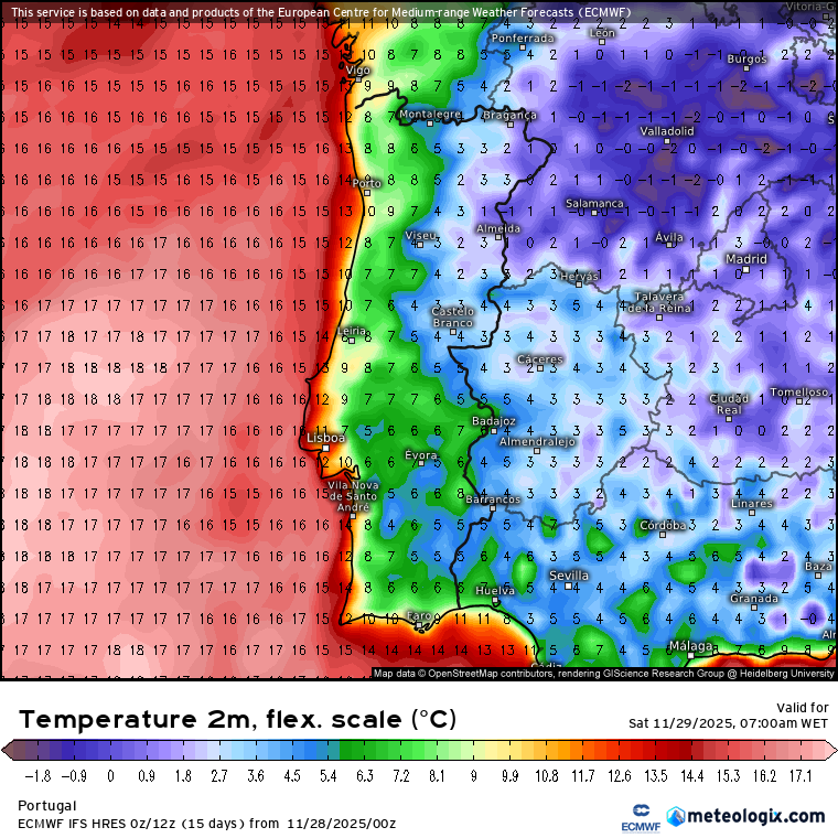 Geadas previstas, particularmente nas zonas assinaladas a azul\roxo nestas imagens de previsão ECMWF