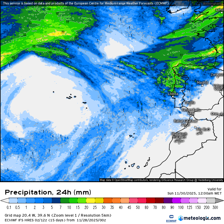 Precipitação prevista para este sábado, segundo o modelo ECMWF - via Meteologix