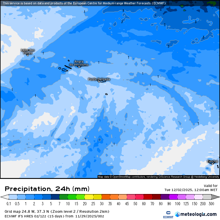 Precipitação prevista na segunda-feira nas Ilhas - ECMWF, via Meteologix