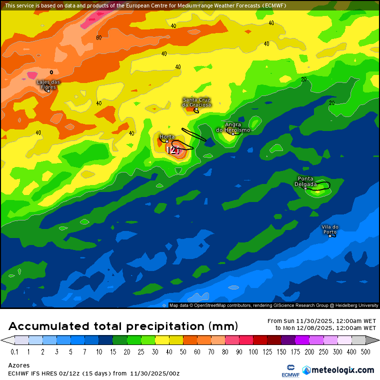 Três perturbações do jato polar, depressões, e o anticiclone a recuar - o tempo esta semana, 1 a 7 de dezembro fica marcado por chuva e frio, saiba os detalhes para a sua região! Precipitação total nos Açores 1 a 7 de dezembro - quanto mais a Ocidente mais chove, mas também haverá sol!
