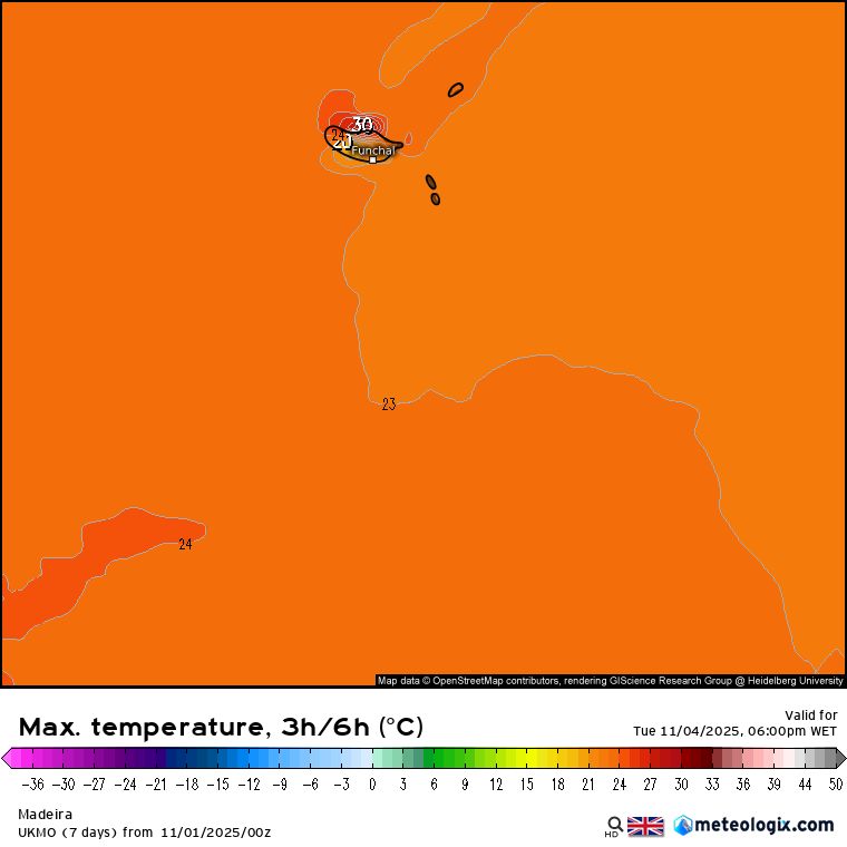 Previsão UKMO mostrando 30ºC na Costa Norte da Madeira na terça, em novembro - será?