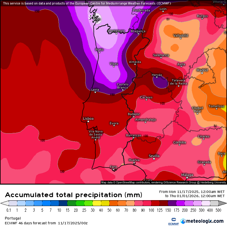 Precipitação total prevista pelo ECMWF até final de dezembro - indicativo, sofrerá muitas alterações, certamente!